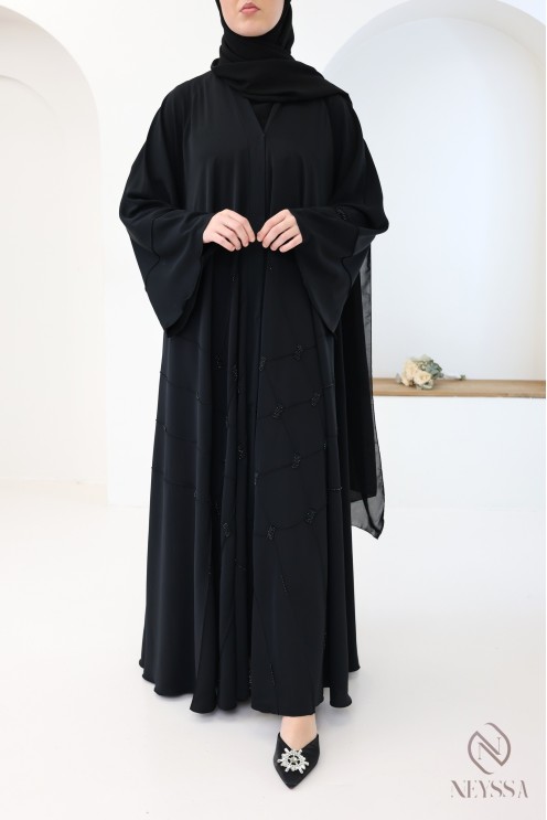 Abaya Dubai Schwarz muslimische Frau, ausgestellter Schnitt mit Perlen