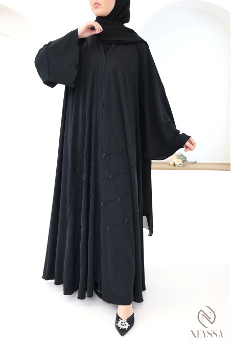 Abaya Dubai Schwarz muslimische Frau, ausgestellter Schnitt mit Perlen