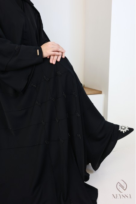 Abaya Dubai Schwarz muslimische Frau, ausgestellter Schnitt mit Perlen