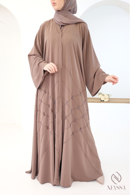 Abaya Kimono Dubai schokoladenbraun mit Perlenstickerei