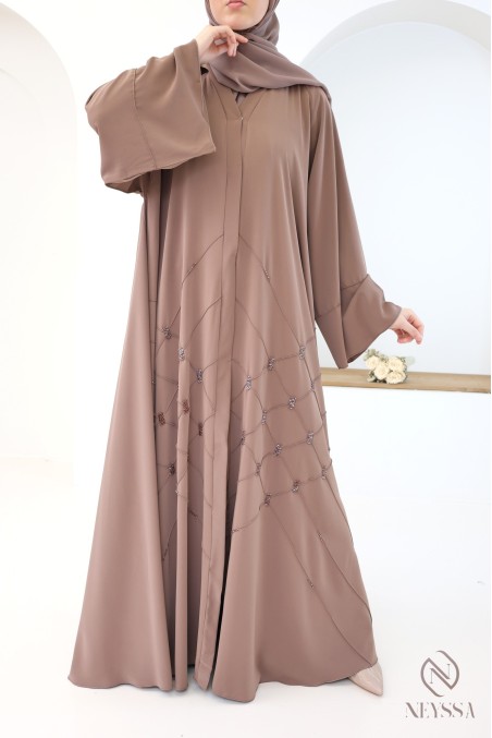 Chocolate Dubai kimono abaya with beading and flared cut for hijabis