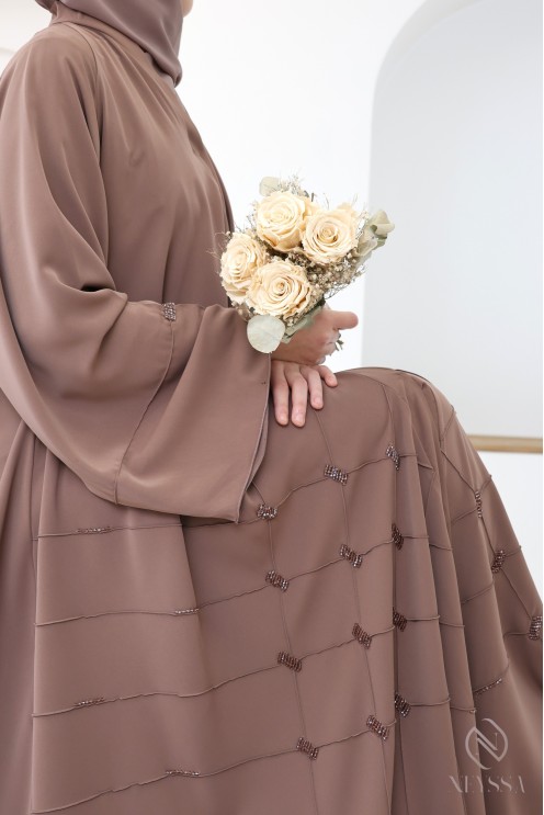 Abaya Kimono Dubai schokoladenbraun mit Perlenstickerei