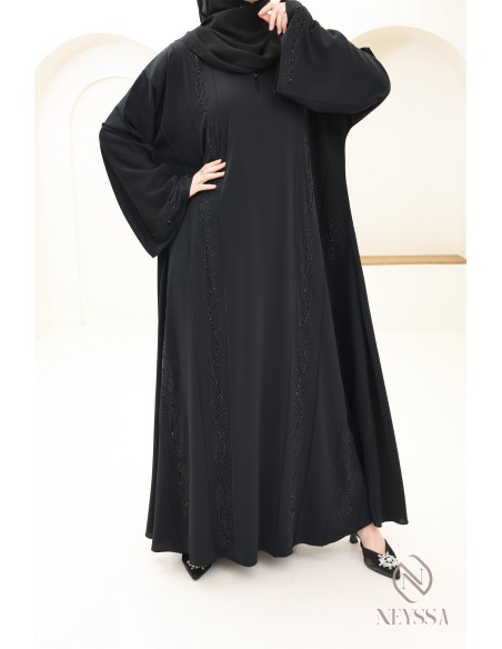 Abaya Dubai schwarz verschleierte Frau mit Perlenstickerei und Strass.