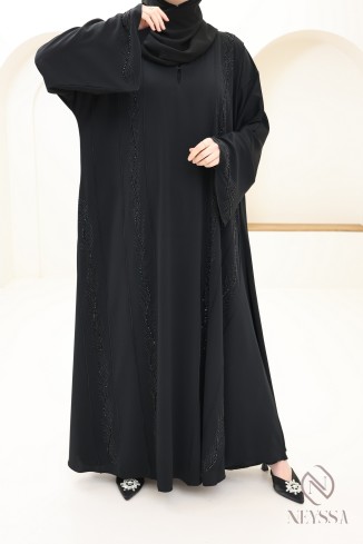 Abaya Dubai schwarz verschleierte Frau mit Perlenstickerei und Strass. 2