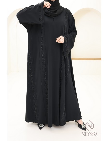 Abaya Dubaï noire femme voilée avec perles brodée et strass