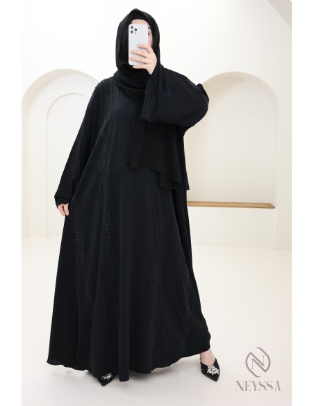 Abaya Dubaï noire femme voilée avec perles brodée et strass