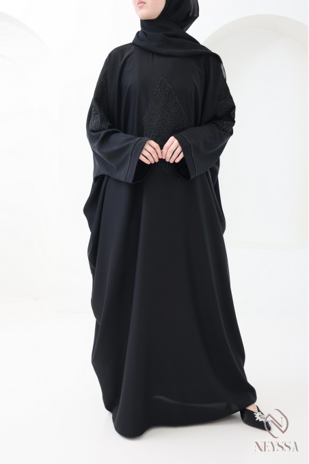 Abaya Dubaï papillon broderie et strass noir pour l'aïd