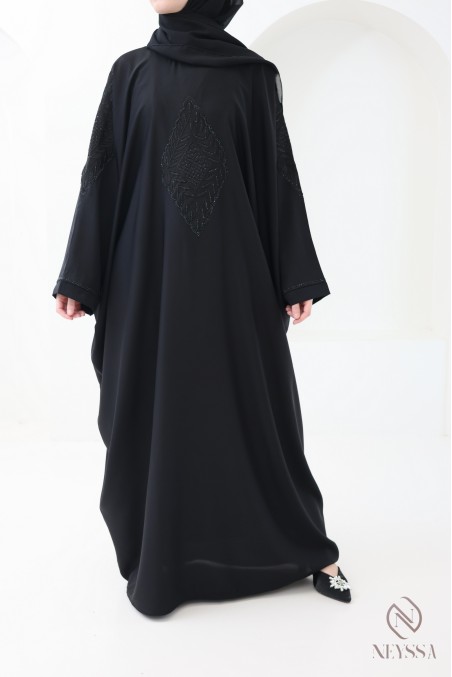 Dubai Abaya with butterfly embroidery and black rhinestones for Eid