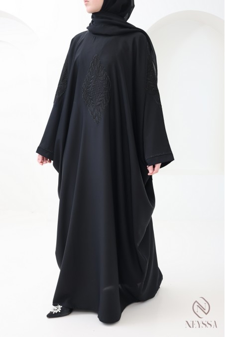 Abaya Dubaï papillon broderie et strass noir pour l'aïd