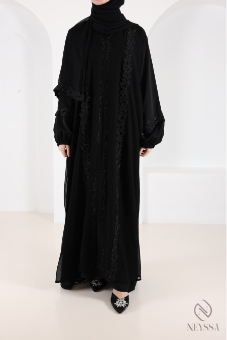 Abaya Dubaï avec broderie et strass, idée tenue Aïd