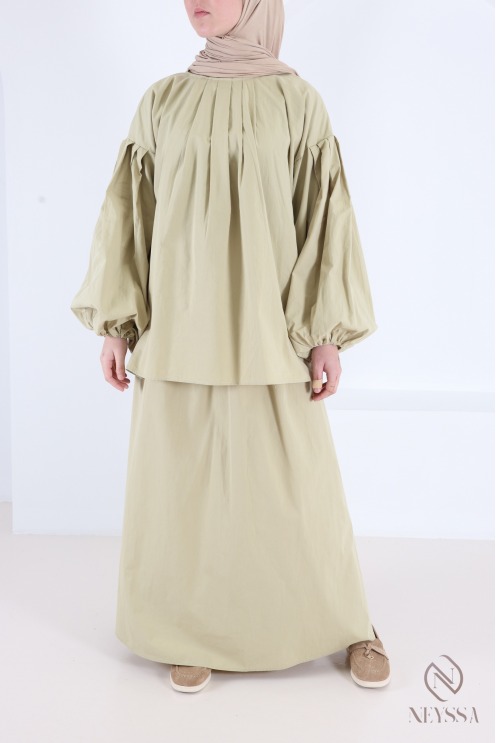 Ensemble jupe longue + blouse manches bouffantes en coton femme
