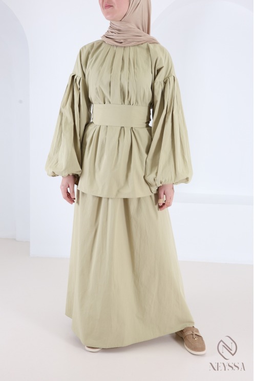 Ensemble jupe longue + blouse manches bouffantes en coton femme