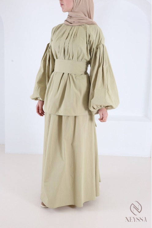 Set aus langem Rock und Bluse mit Puffärmeln aus Baumwolle für Damen