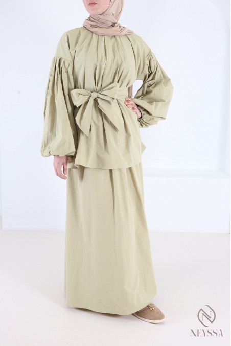 Ensemble jupe longue + blouse manches bouffantes en coton femme