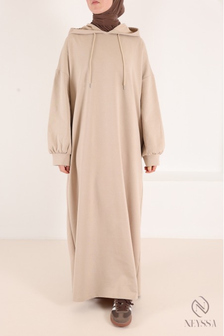 Long beige sweatshirt dress for active, modest women; women's OOTD