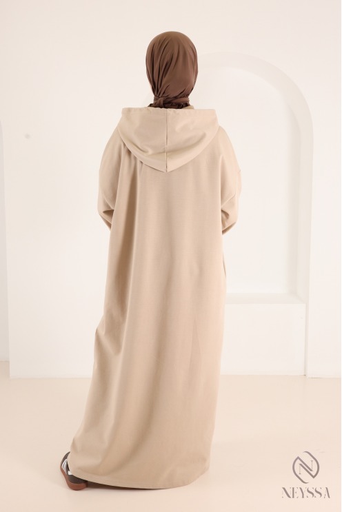 Long beige sweatshirt dress for active, modest women; women's OOTD