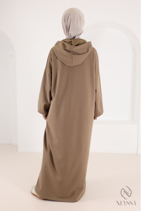 Long khaki hoodie-style dress, soft fabric, women's sportswear