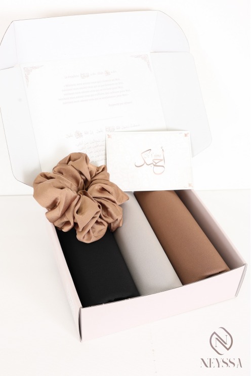 Gift box containing 3 premium jersey hijabs with wavy trim, gift Eid