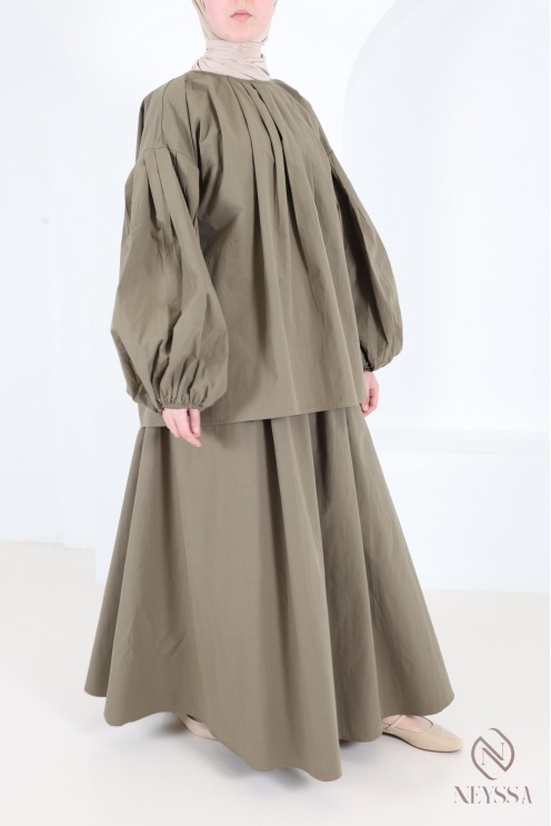 Set aus langem Rock und Bluse mit Puffärmeln aus Baumwolle für Damen