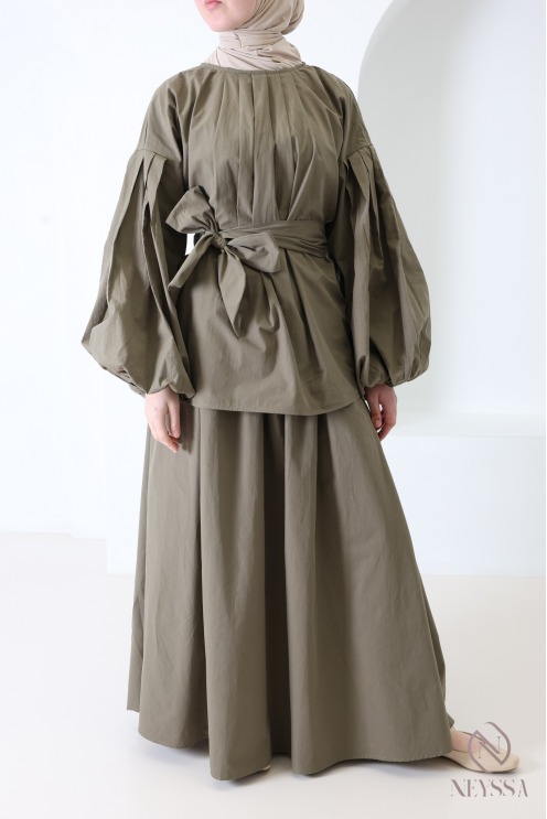 Ensemble jupe longue + blouse manches bouffantes en coton femme