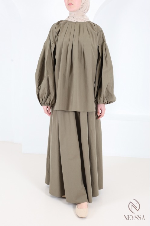 Set aus langem Rock und Bluse mit Puffärmeln aus Baumwolle für Damen