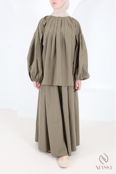 Ensemble jupe longue + blouse manches bouffantes en coton femme