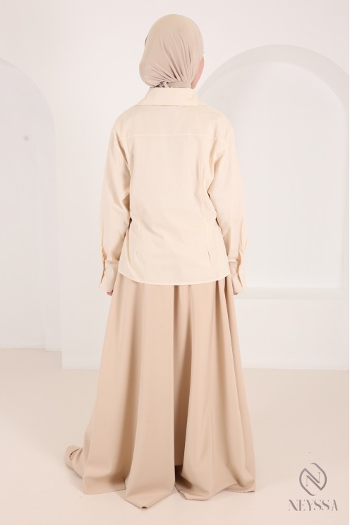 Modern, flowing wrap-style long-sleeve cotton shirt for women