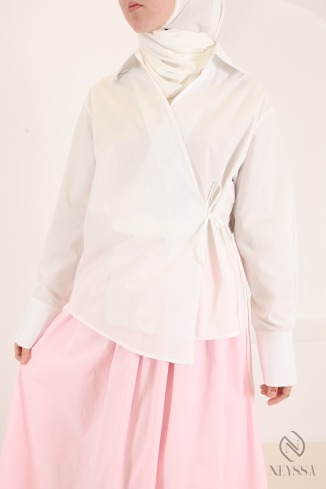 Modern, flowing wrap-style long-sleeve cotton shirt for women