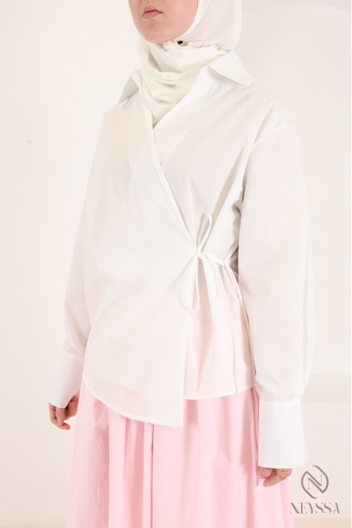 Modern, flowing wrap-style long-sleeve cotton shirt for women