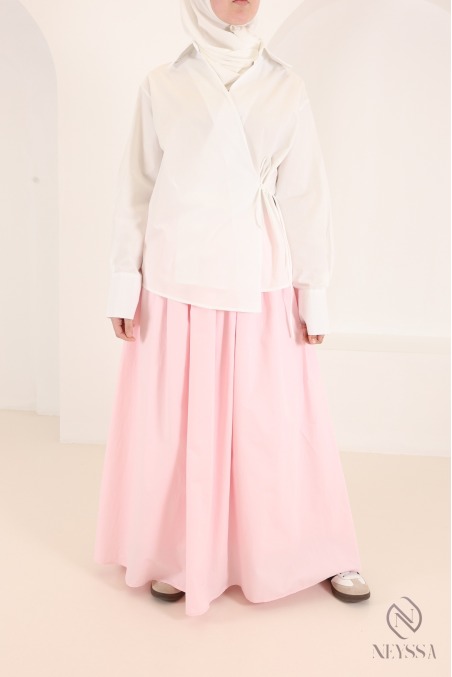 Modern, flowing wrap-style long-sleeve cotton shirt for women