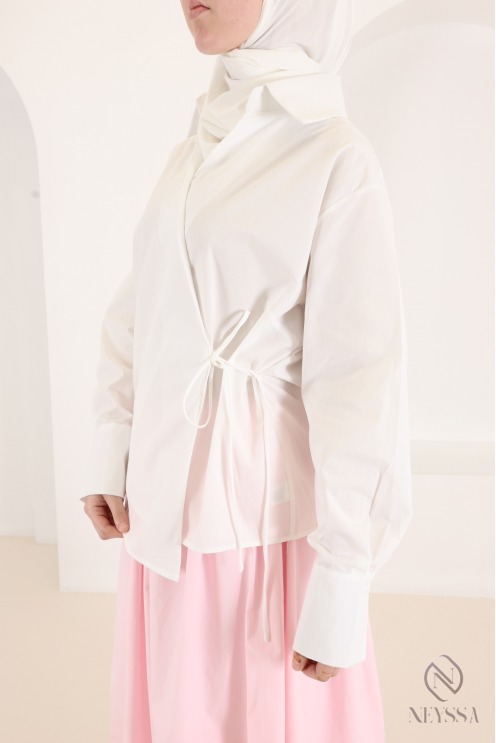 Modern, flowing wrap-style long-sleeve cotton shirt for women