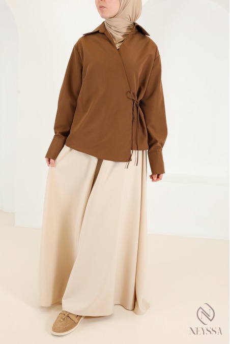 Modern, flowing wrap-style long-sleeve cotton shirt for women