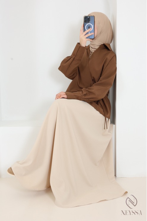 Modern, flowing wrap-style long-sleeve cotton shirt for women