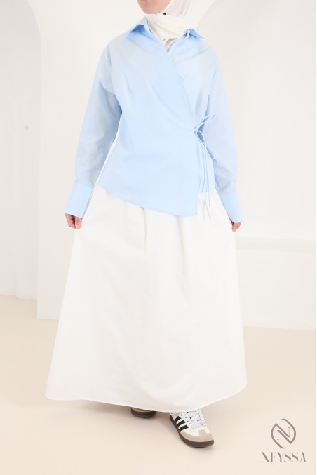 Modern, flowing wrap-style long-sleeve cotton shirt for women