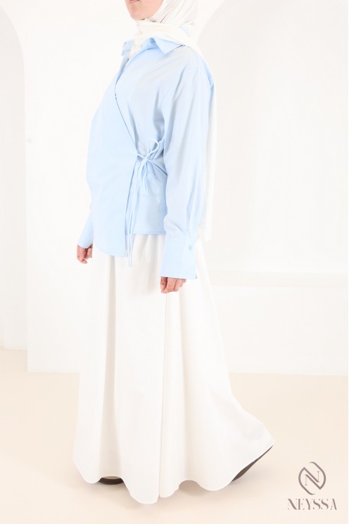 Modern, flowing wrap-style long-sleeve cotton shirt for women