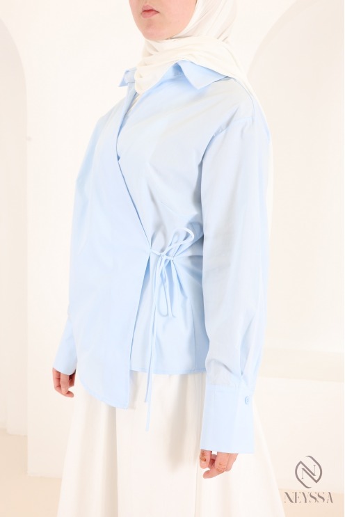 Modern, flowing wrap-style long-sleeve cotton shirt for women