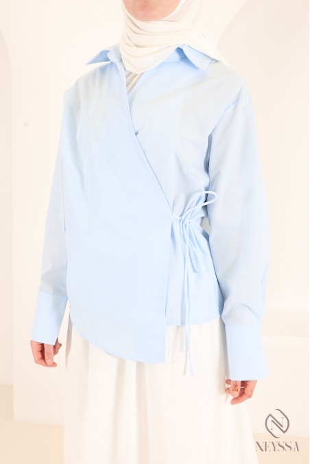 Modern, flowing wrap-style long-sleeve cotton shirt for women