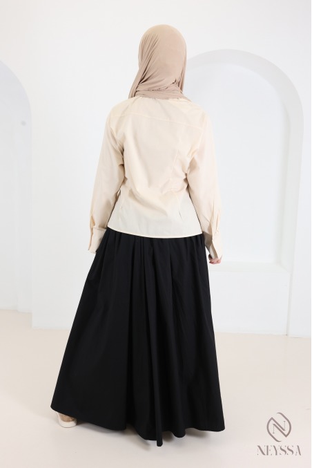 Modern, flowing wrap-style long-sleeve cotton shirt for women