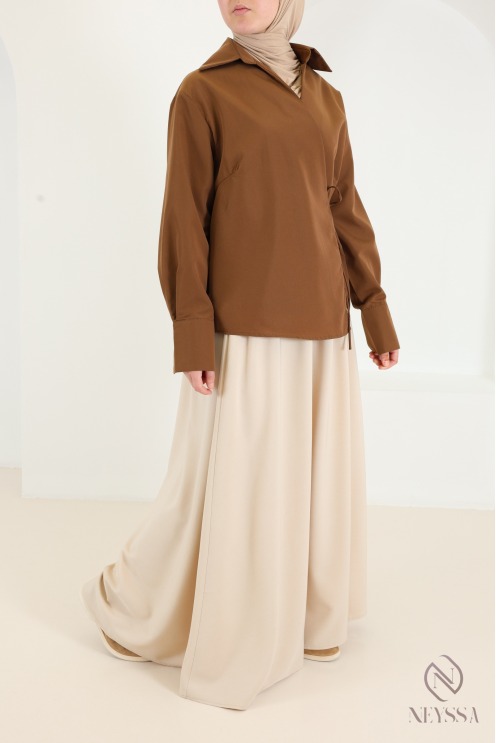 Modern, flowing wrap-style long-sleeve cotton shirt for women