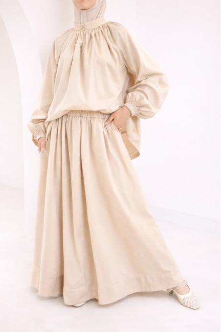 2-teiliges Set aus brauner Baumwolle, langer Rock + Hijabi-Bluse