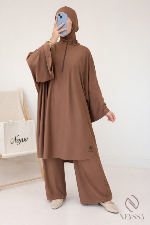 Burkini noisette tunique ample et longue, matière hydrofuge