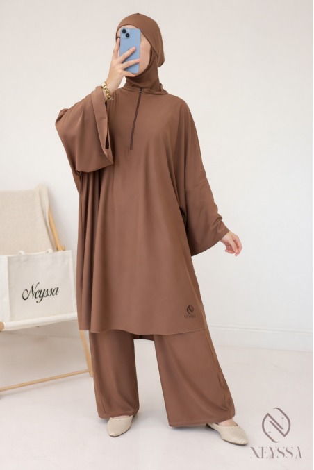 Burkini Noisette, weit geschnittene Tunika, wasserabweisendes Material