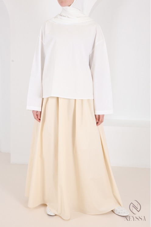 Jupe longue beige en coton avec doublure coupe évasée