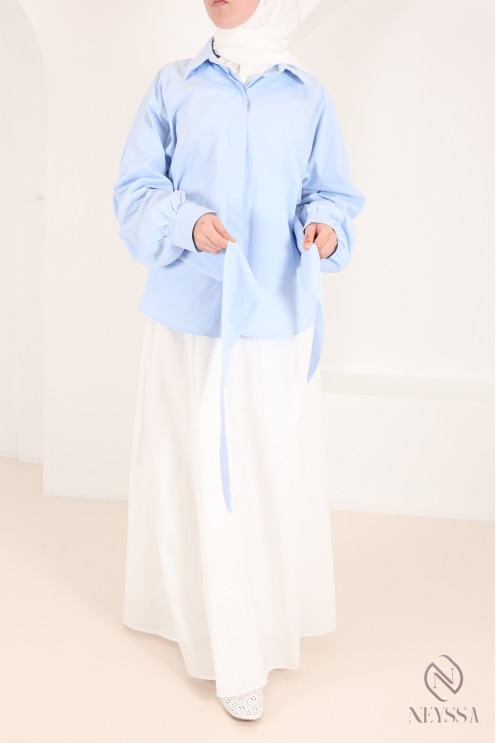 100% cotton barrel-sleeve shirt with a tie at the waist