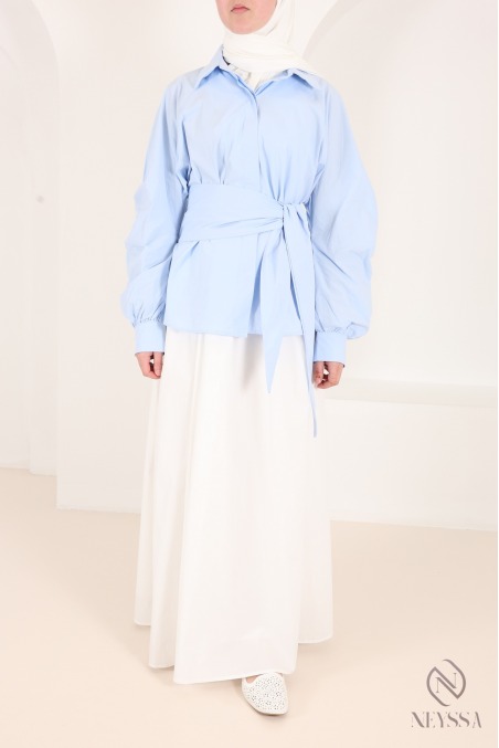 Chemise manches barrel 100% coton avec nœud à nouer à la taille