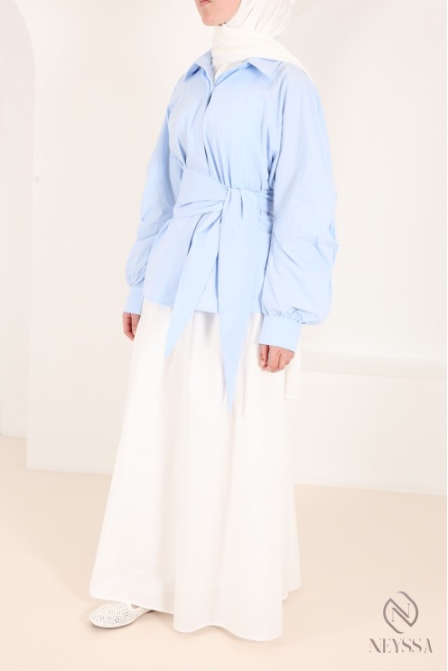 Chemise manches barrel 100% coton avec nœud à nouer à la taille