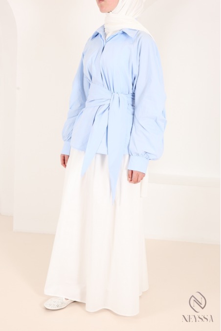 Chemise manches barrel 100% coton avec nœud à nouer à la taille