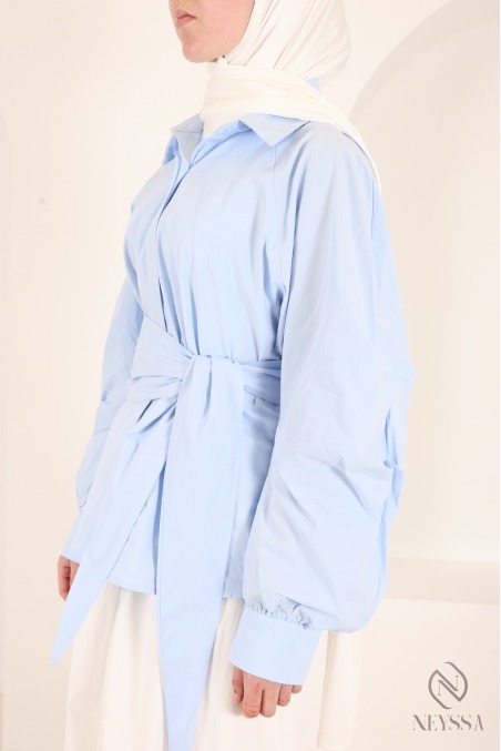 Chemise manches barrel 100% coton avec nœud à nouer à la taille