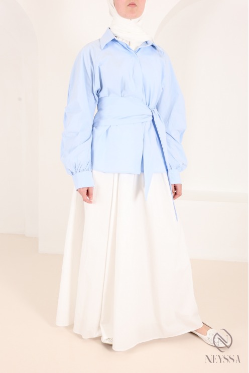 Chemise manches barrel 100% coton avec nœud à nouer à la taille