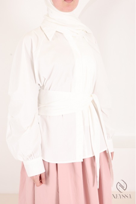 Chemise manches barrel 100% coton avec nœud à nouer à la taille